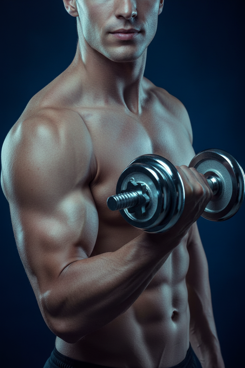 Muscular man lifting dumbbell blue tone